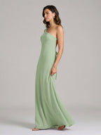 Elegant Dusty Sage Chiffon column One Shoulder Backless Ankle-Length Bridesmaid Dress - Curvevia
