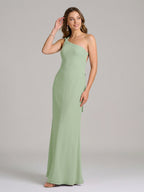 Elegant Dusty Sage Chiffon column One Shoulder Backless Ankle-Length Bridesmaid Dress - Curvevia