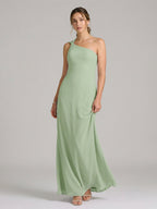 Elegant Dusty Sage Chiffon column One Shoulder Backless Ankle-Length Bridesmaid Dress - Curvevia