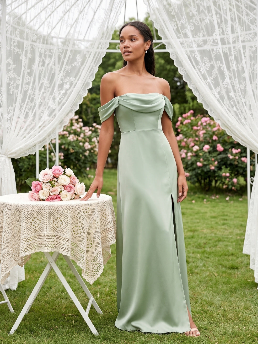 Elegant Dusty Sage Matte Satin A-Line Straight Neck Back Zip Ankle-Length Bridesmaid Dress - Curvevia