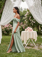 Elegant Dusty Sage Matte Satin A-Line Straight Neck Back Zip Ankle-Length Bridesmaid Dress - Curvevia
