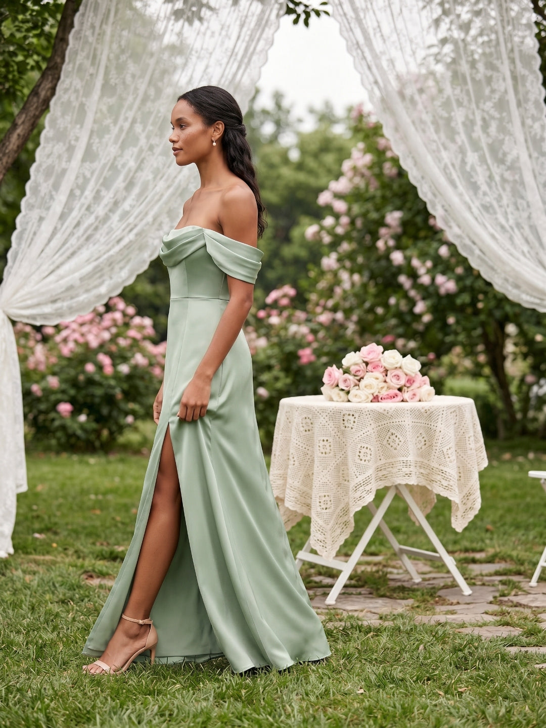 Elegant Dusty Sage Matte Satin A-Line Straight Neck Back Zip Ankle-Length Bridesmaid Dress - Curvevia
