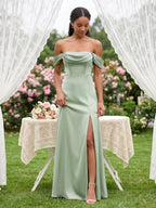 Elegant Dusty Sage Matte Satin A-Line Straight Neck Back Zip Ankle-Length Bridesmaid Dress - Curvevia
