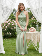 Elegant Dusty Sage Matte Satin mermaid Halter neckline Backless Ankle-Length Bridesmaid Dress - Curvevia