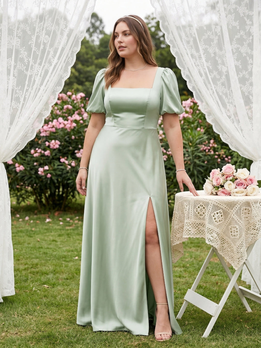 Elegant Dusty Sage Satin A-Line Square Neck Backless Ankle-Length Plus Size Bridesmaid Dress - Curvevia