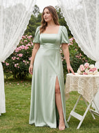 Elegant Dusty Sage Satin A-Line Square Neck Backless Ankle-Length Plus Size Bridesmaid Dress - Curvevia
