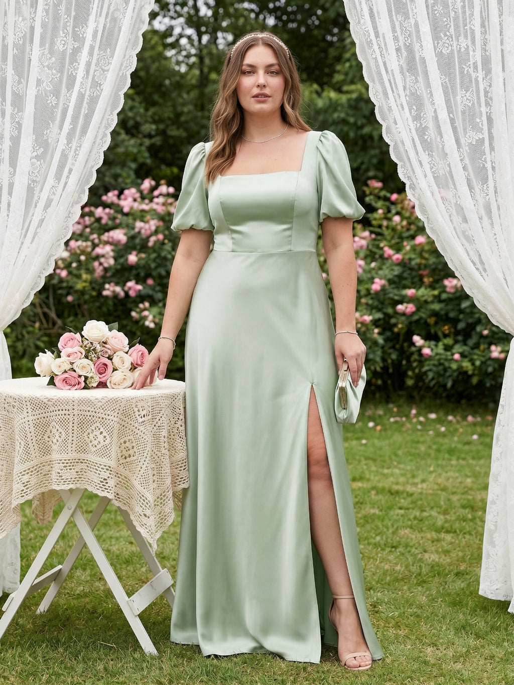 Elegant Dusty Sage Satin A-Line Square Neck Backless Ankle-Length Plus Size Bridesmaid Dress - Curvevia