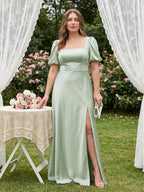 Elegant Dusty Sage Satin A-Line Square Neck Backless Ankle-Length Plus Size Bridesmaid Dress - Curvevia