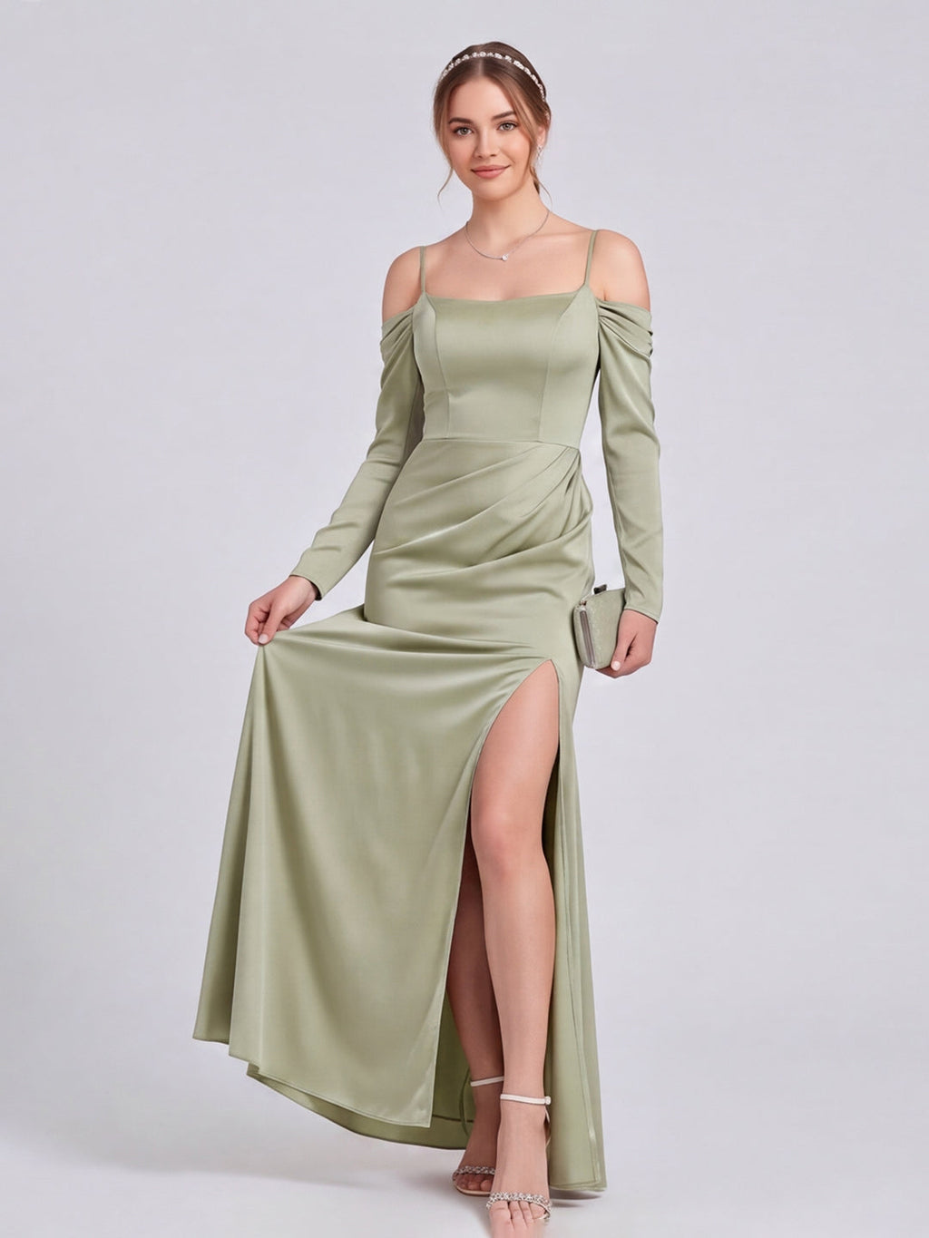 Elegant Dusty Sage Satin Sheath Straight Neck Backless Ankle-Length Bridesmaid Dress - Curvevia