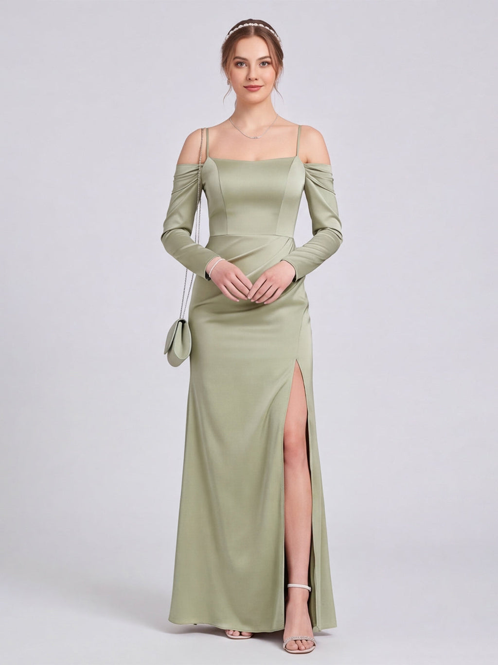 Elegant Dusty Sage Satin Sheath Straight Neck Backless Ankle-Length Bridesmaid Dress - Curvevia