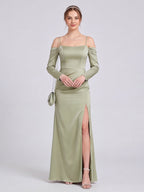 Elegant Dusty Sage Satin Sheath Straight Neck Backless Ankle-Length Bridesmaid Dress - Curvevia