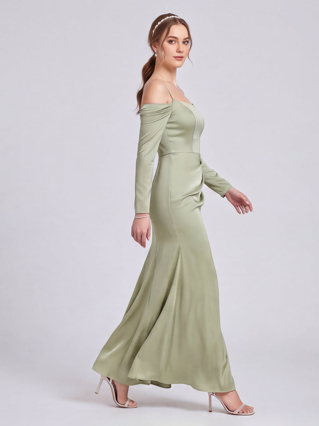 Elegant Dusty Sage Satin Sheath Straight Neck Backless Ankle-Length Bridesmaid Dress - Curvevia