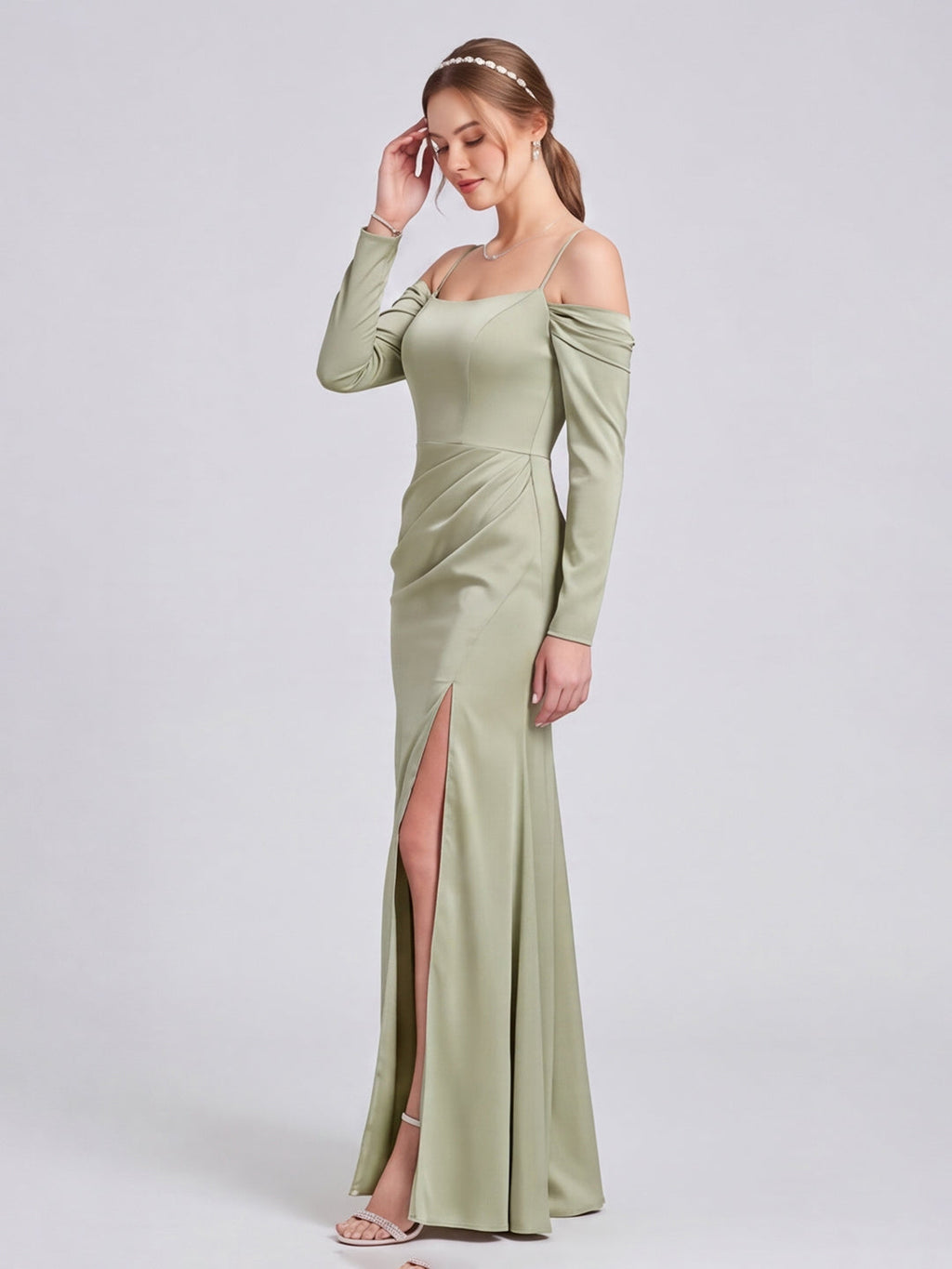 Elegant Dusty Sage Satin Sheath Straight Neck Backless Ankle-Length Bridesmaid Dress - Curvevia
