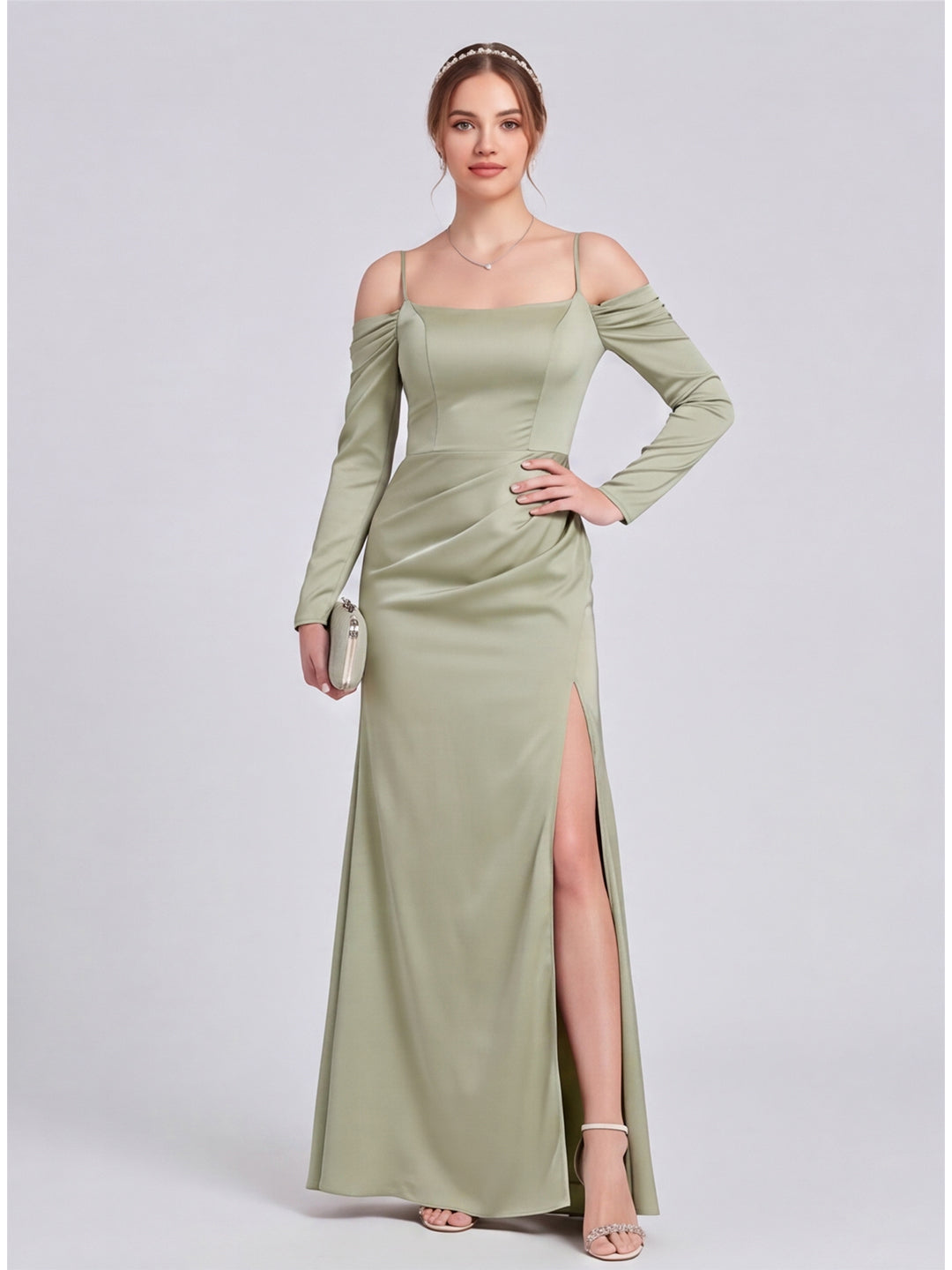 Elegant Dusty Sage Satin Sheath Straight Neck Backless Ankle-Length Bridesmaid Dress - Curvevia