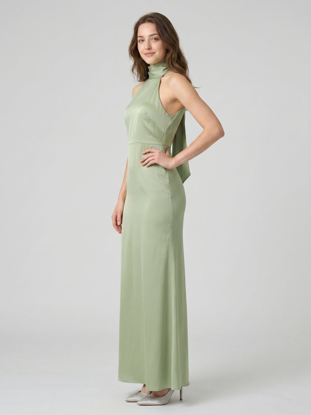 Elegant Dusty Sage Satin Column Halter Neck Backless Ankle-Length Bridesmaid Dress - Curvevia