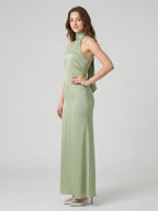 Elegant Dusty Sage Satin Column Halter Neck Backless Ankle-Length Bridesmaid Dress - Curvevia