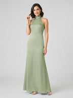 Elegant Dusty Sage Satin Column Halter Neck Backless Ankle-Length Bridesmaid Dress - Curvevia