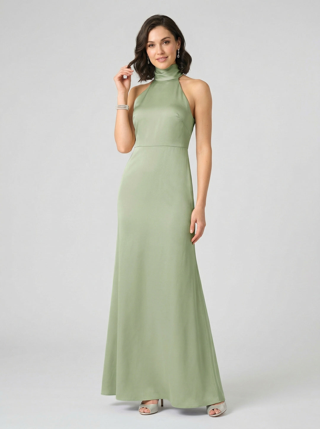 Elegant Dusty Sage Satin Column Halter Neck Backless Ankle-Length Bridesmaid Dress - Curvevia