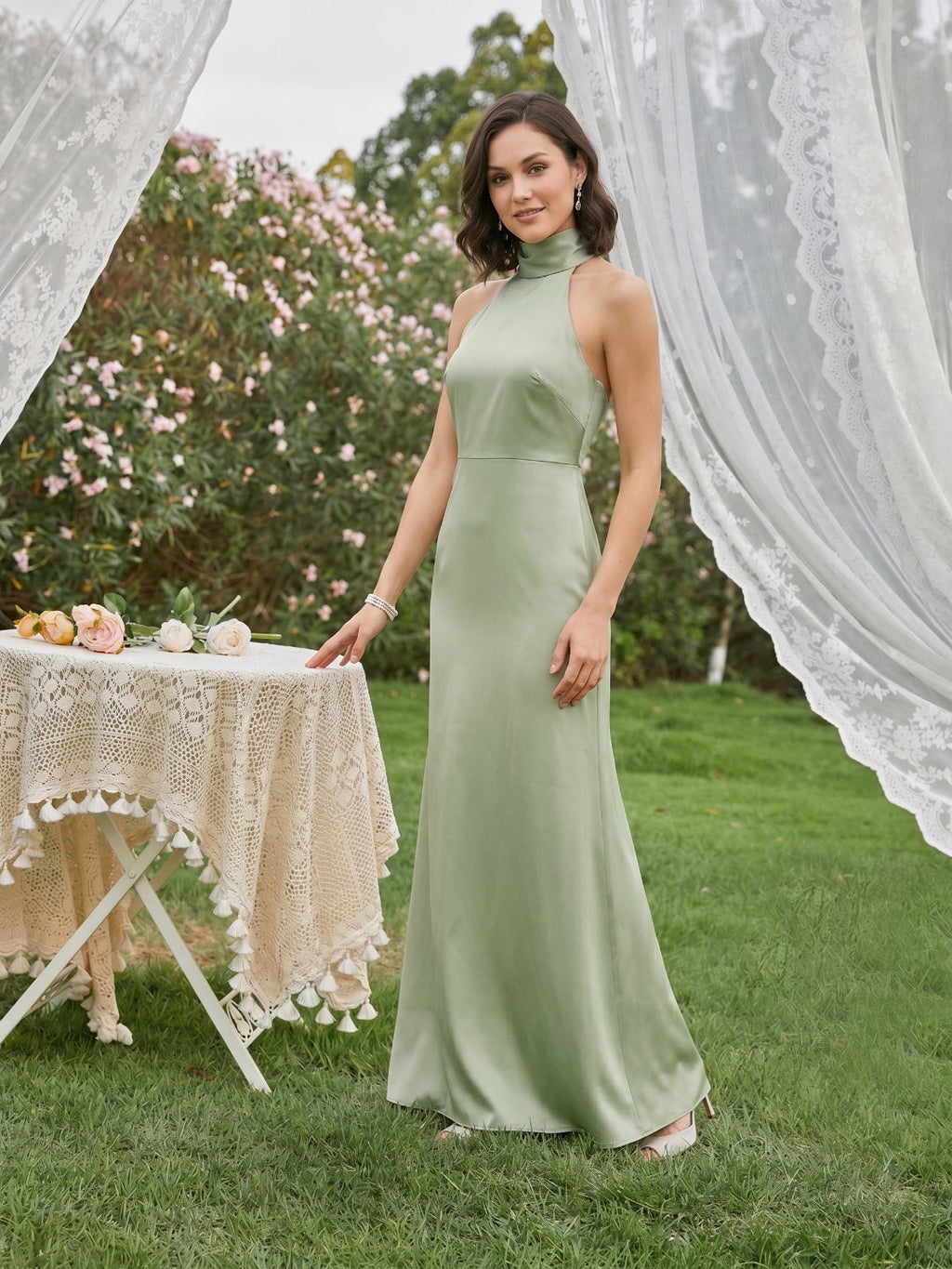 Elegant Dusty Sage Satin Column Halter Neck Backless Ankle-Length Bridesmaid Dress - Curvevia