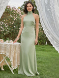 Elegant Dusty Sage Satin Column Halter Neck Backless Ankle-Length Bridesmaid Dress - Curvevia
