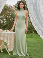 Elegant Dusty Sage Satin Column Halter Neck Backless Ankle-Length Bridesmaid Dress - Curvevia