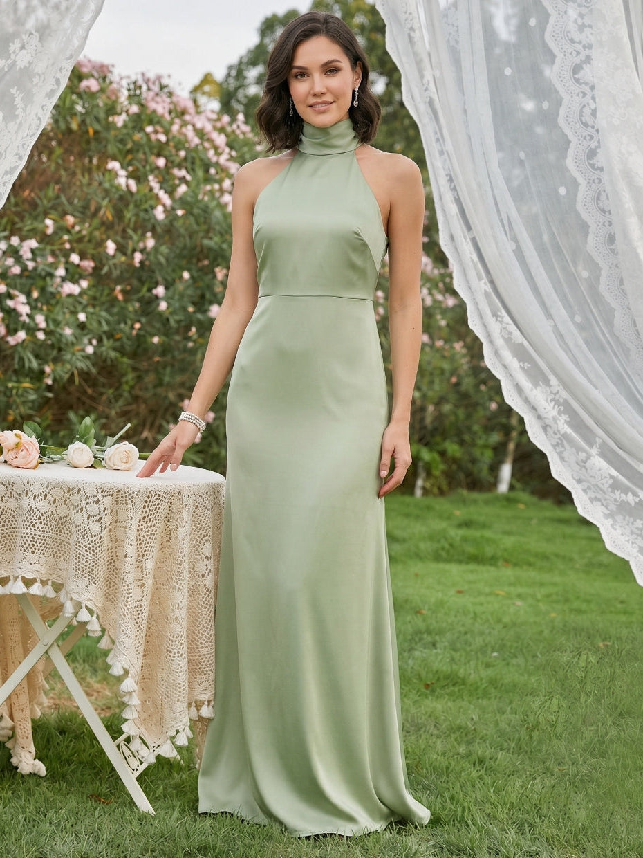 Elegant Dusty Sage Satin Column Halter Neck Backless Ankle-Length Bridesmaid Dress - Curvevia