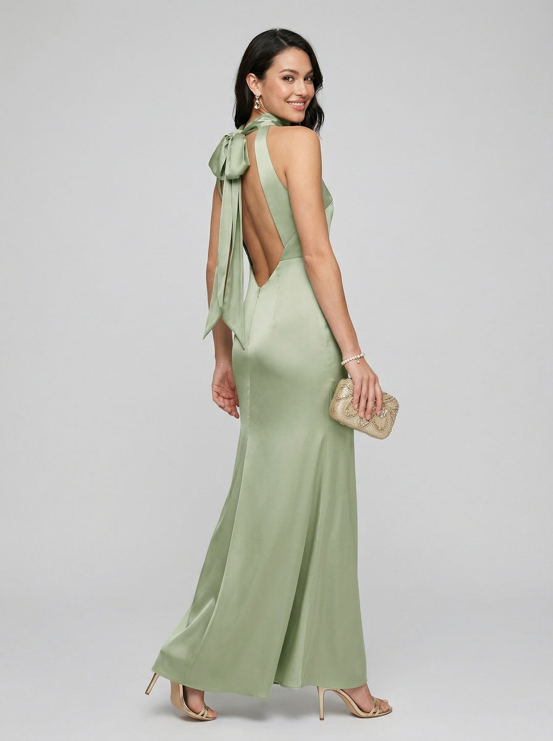 Elegant Dusty Sage Satin Column Halter Neck Backless Ankle-Length Bridesmaid Dress - Curvevia