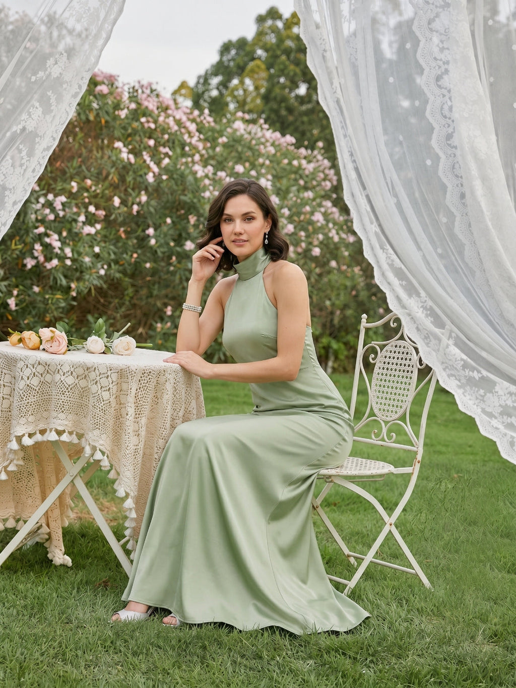 Elegant Dusty Sage Satin Column Halter Neck Backless Ankle-Length Bridesmaid Dress - Curvevia
