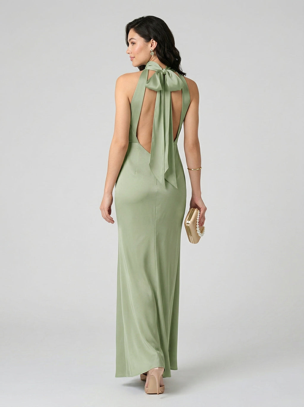 Elegant Dusty Sage Satin Column Halter Neck Backless Ankle-Length Bridesmaid Dress - Curvevia