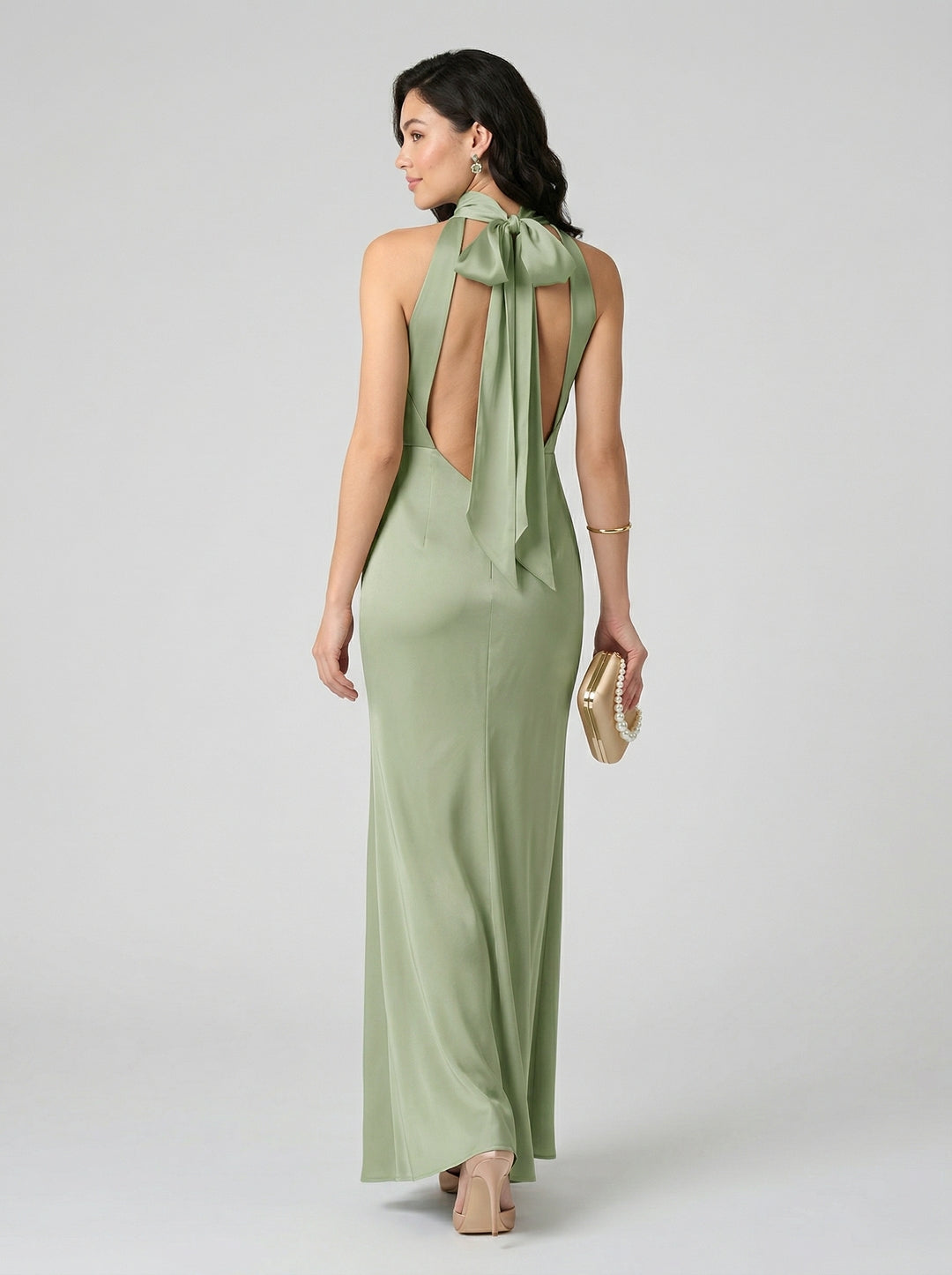 Elegant Dusty Sage Satin Column Halter Neck Backless Ankle-Length Bridesmaid Dress - Curvevia