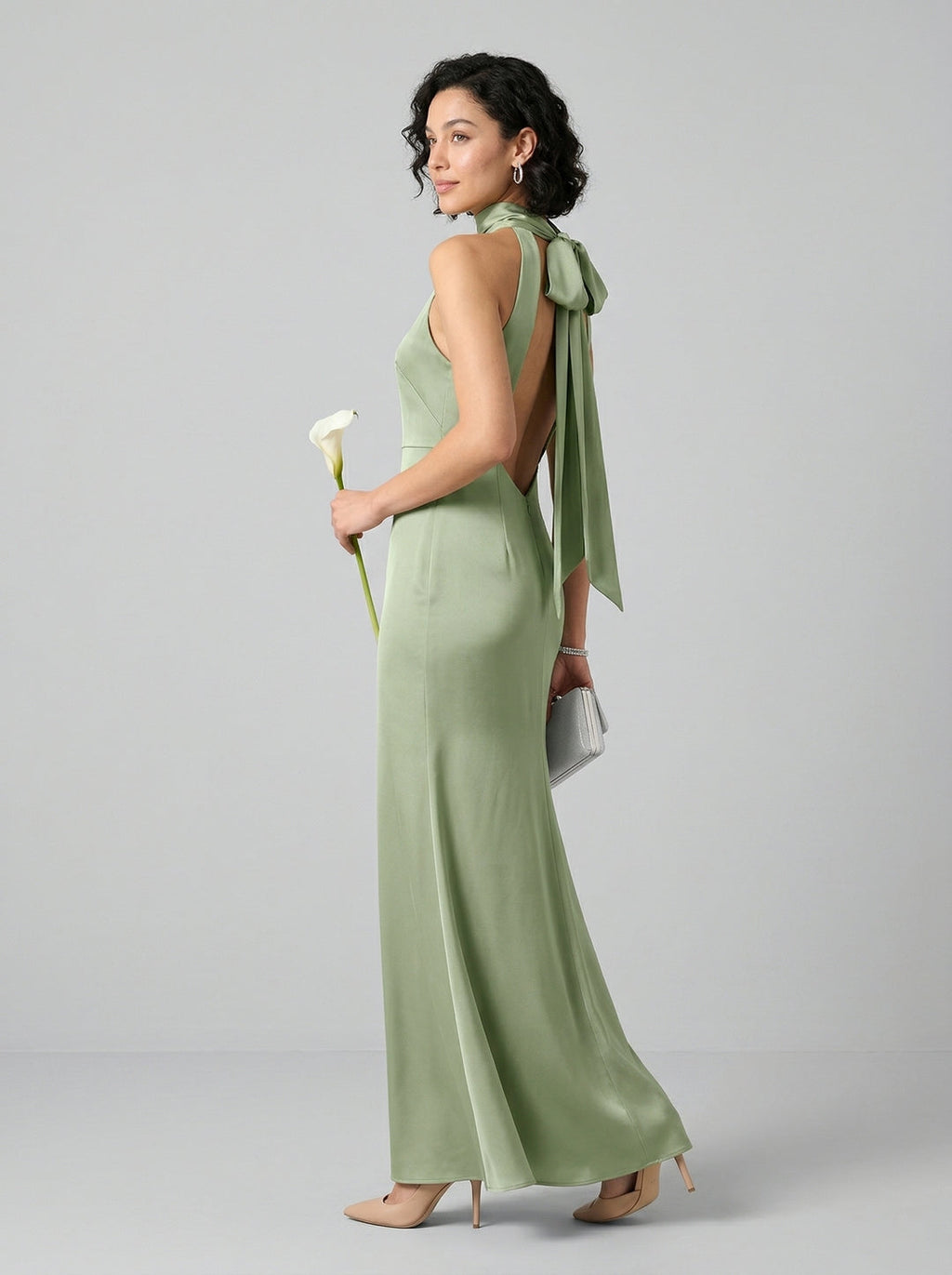 Elegant Dusty Sage Satin Column Halter Neck Backless Ankle-Length Bridesmaid Dress - Curvevia