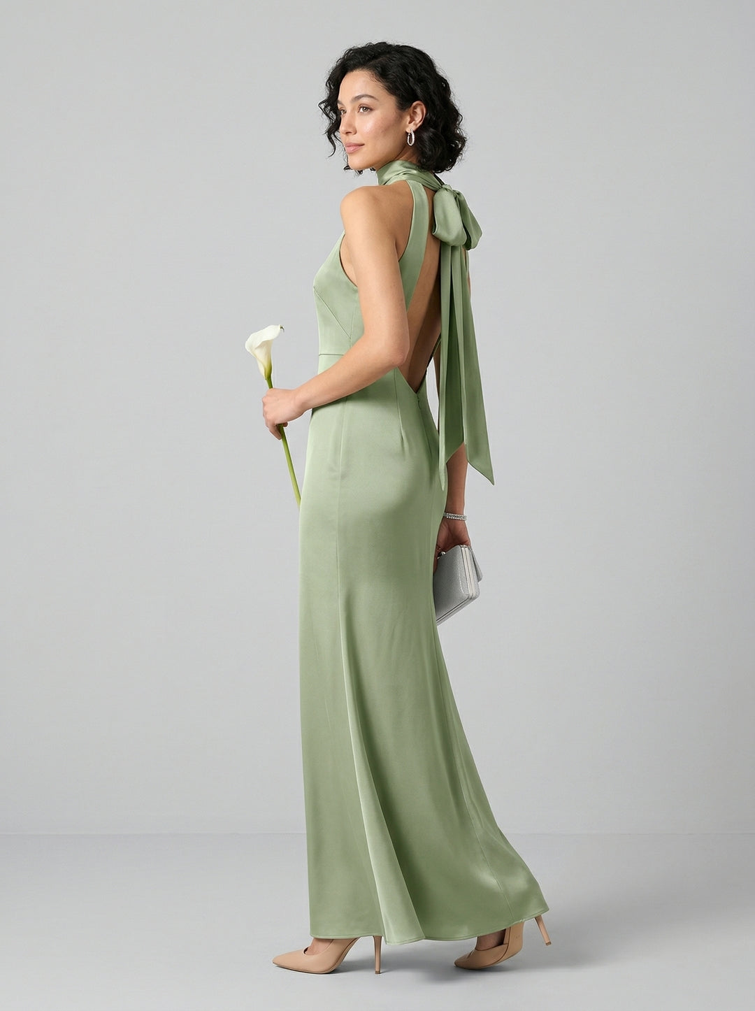 Elegant Dusty Sage Satin Column Halter Neck Backless Ankle-Length Bridesmaid Dress - Curvevia