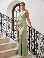 Elegant Dusty Sage Satin Column One Shoulder Back Zip with Bow Ankle-Length Bridesmaid Dress - Curvevia