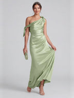 Elegant Dusty Sage Satin Column One Shoulder Back Zip with Bow Ankle-Length Bridesmaid Dress - Curvevia