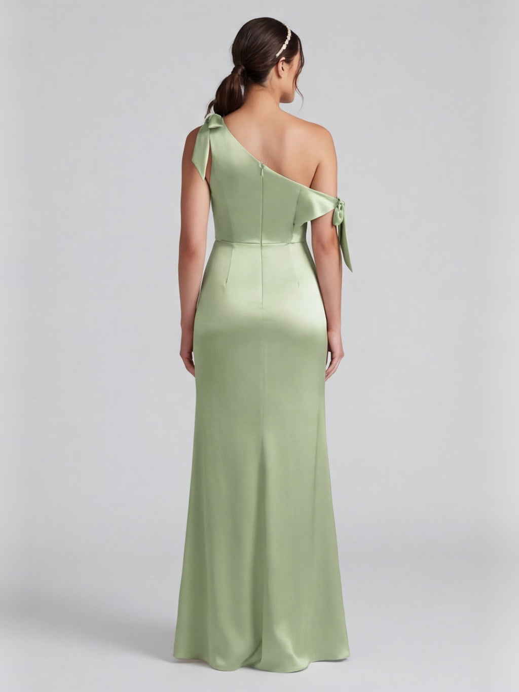 Elegant Dusty Sage Satin Column One Shoulder Back Zip with Bow Ankle-Length Bridesmaid Dress - Curvevia