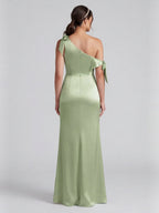 Elegant Dusty Sage Satin Column One Shoulder Back Zip with Bow Ankle-Length Bridesmaid Dress - Curvevia