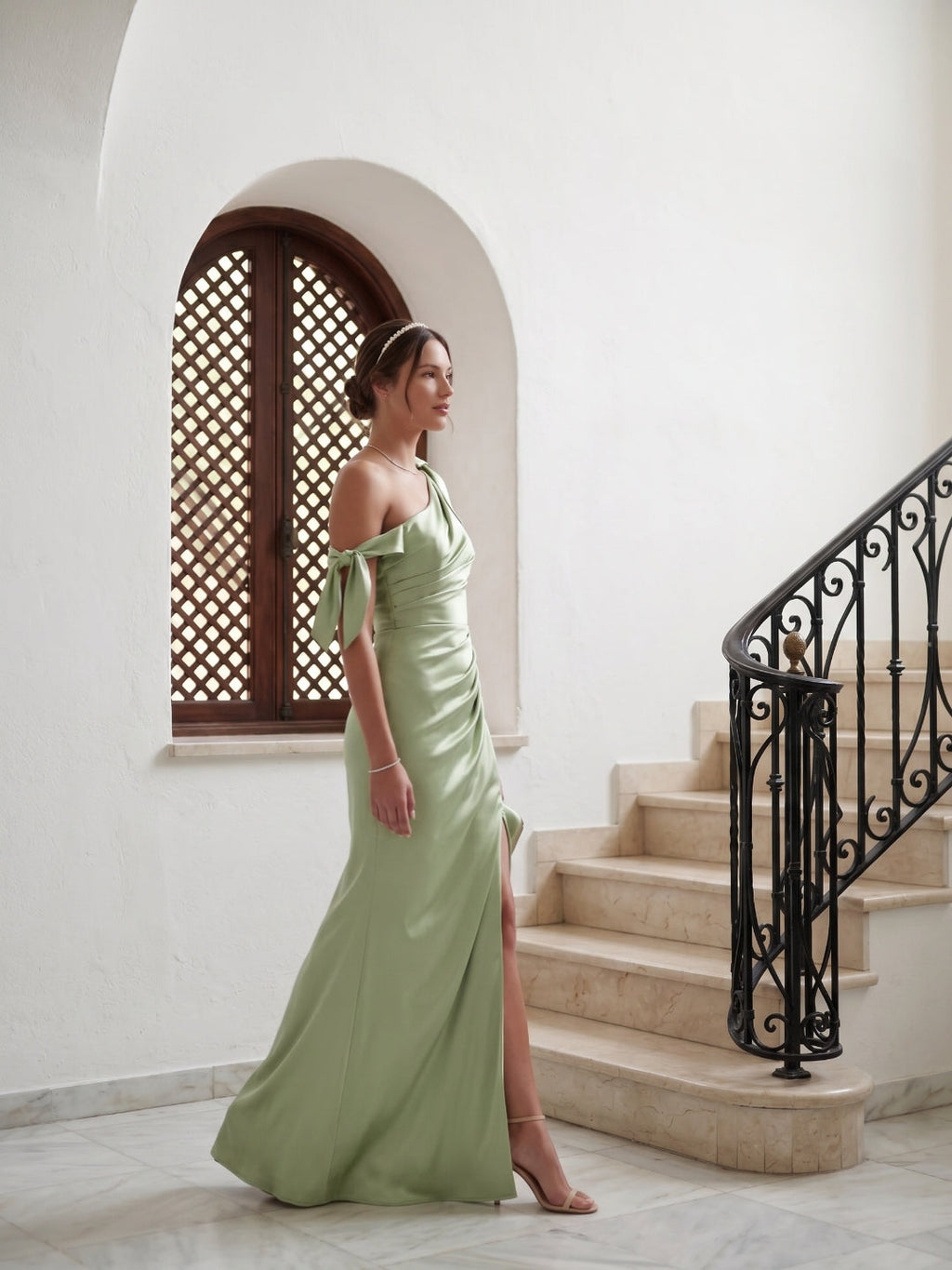 Elegant Dusty Sage Satin Column One Shoulder Back Zip with Bow Ankle-Length Bridesmaid Dress - Curvevia