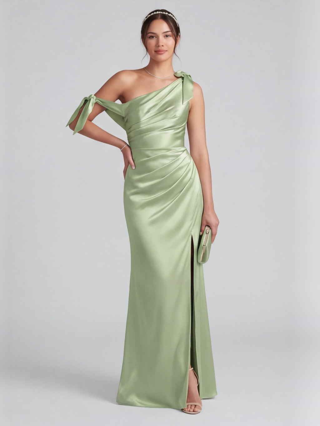 Elegant Dusty Sage Satin Column One Shoulder Back Zip with Bow Ankle-Length Bridesmaid Dress - Curvevia