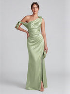 Elegant Dusty Sage Satin Column One Shoulder Back Zip with Bow Ankle-Length Bridesmaid Dress - Curvevia