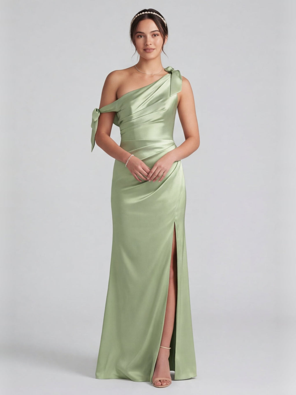 Elegant Dusty Sage Satin Column One Shoulder Back Zip with Bow Ankle-Length Bridesmaid Dress - Curvevia