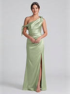 Elegant Dusty Sage Satin Column One Shoulder Back Zip with Bow Ankle-Length Bridesmaid Dress - Curvevia