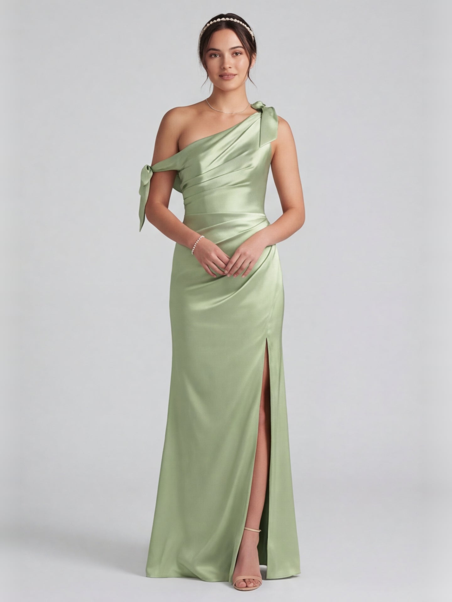 Elegant Dusty Sage Satin Column One Shoulder Back Zip with Bow Ankle-Length Bridesmaid Dress - Curvevia