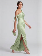 Elegant Dusty Sage Satin Column One Shoulder Back Zip with Bow Ankle-Length Bridesmaid Dress - Curvevia