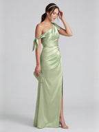 Elegant Dusty Sage Satin Column One Shoulder Back Zip with Bow Ankle-Length Bridesmaid Dress - Curvevia