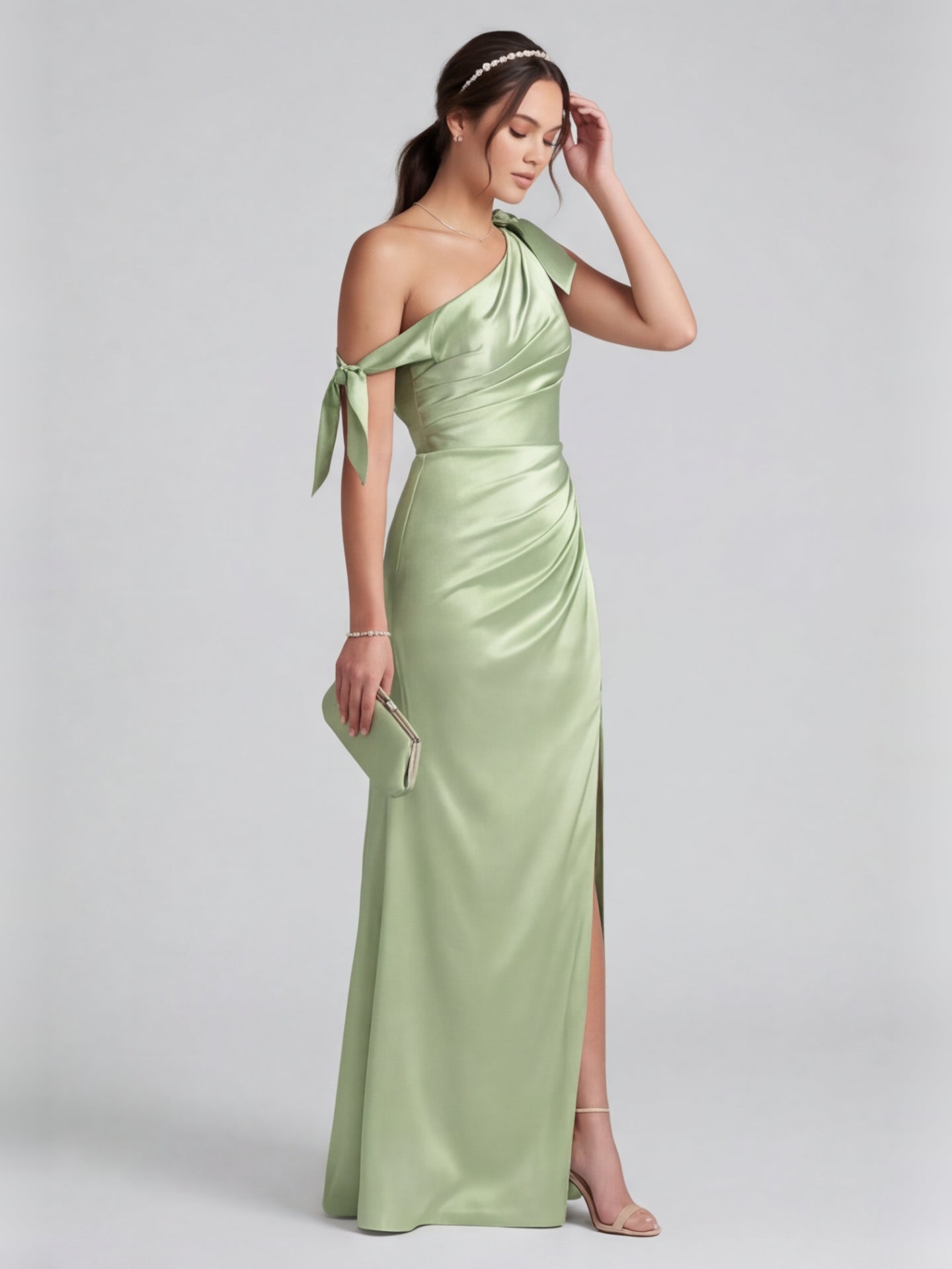 Elegant Dusty Sage Satin Column One Shoulder Back Zip with Bow Ankle-Length Bridesmaid Dress - Curvevia