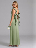 Elegant Dusty Sage Satin Mermaid Square Neck Back Zip Ankle-Length Bridesmaid Dress - Curvevia