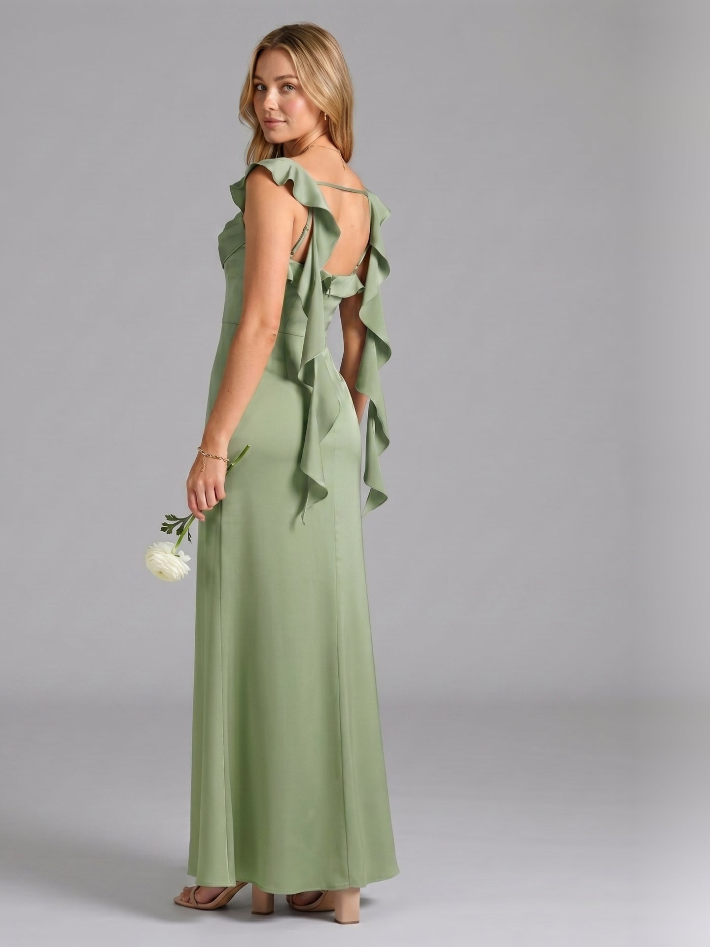 Elegant Dusty Sage Satin Mermaid Square Neck Back Zip Ankle-Length Bridesmaid Dress - Curvevia