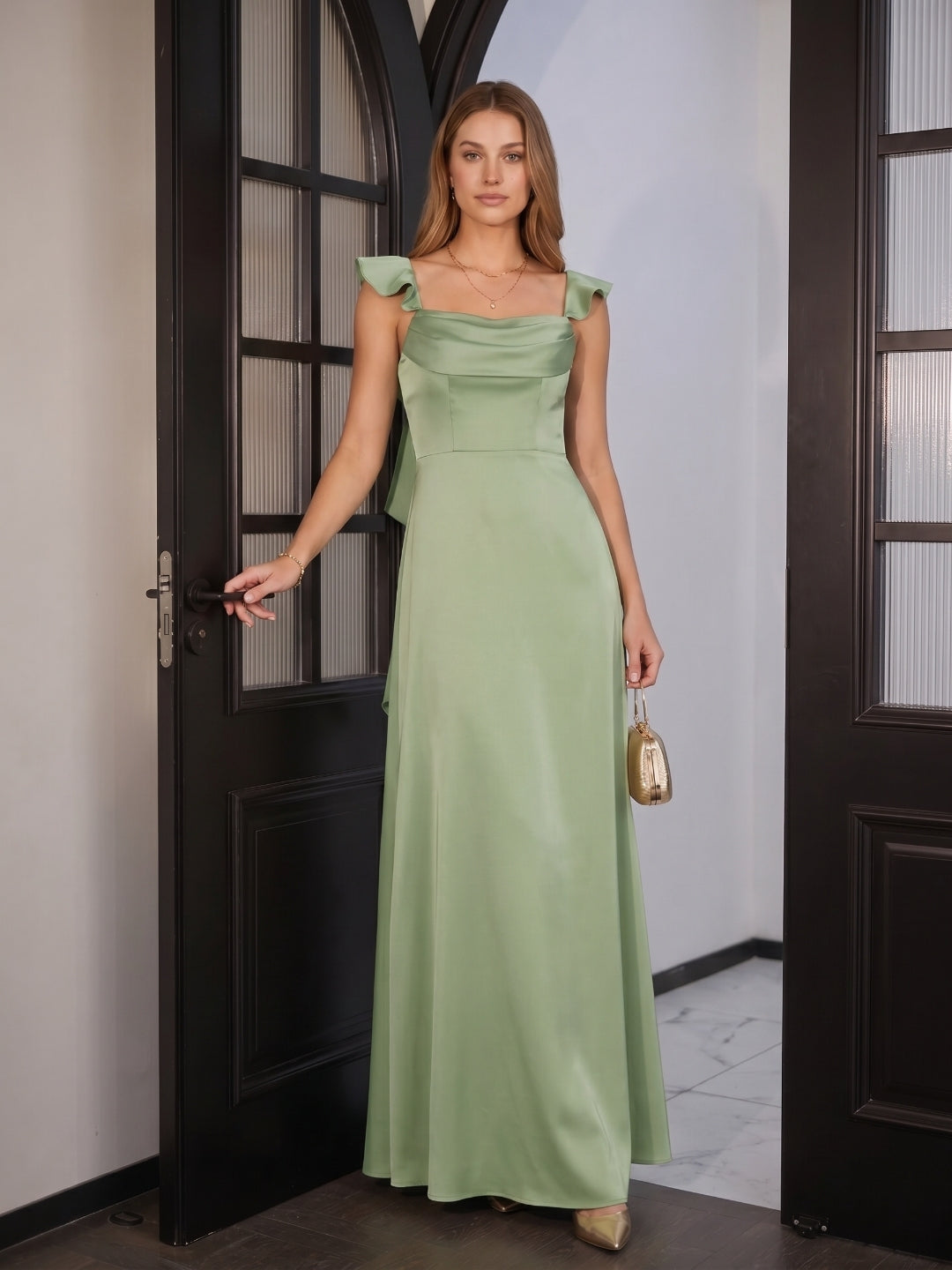 Elegant Dusty Sage Satin Mermaid Square Neck Back Zip Ankle-Length Bridesmaid Dress - Curvevia