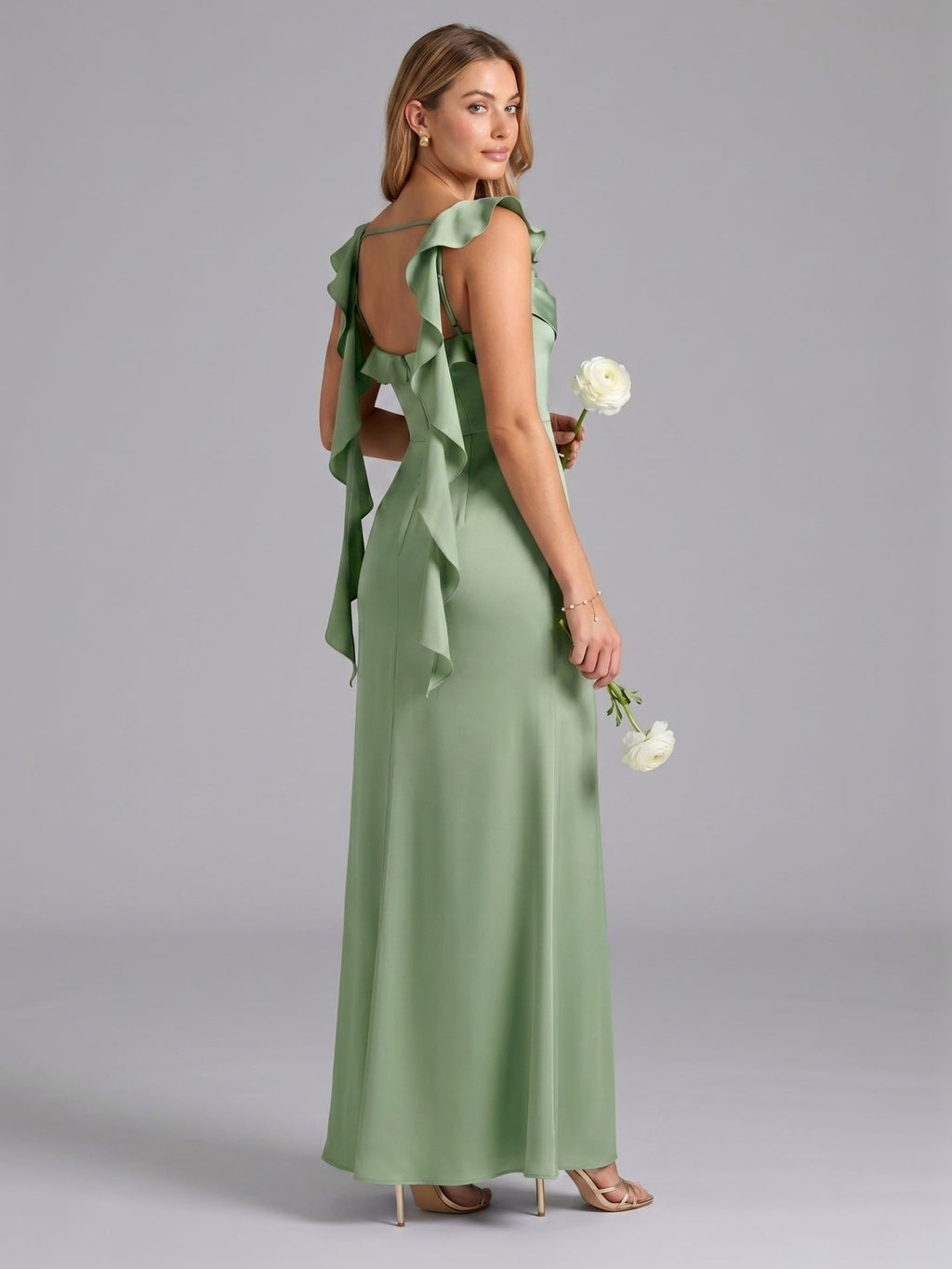 Elegant Dusty Sage Satin Mermaid Square Neck Back Zip Ankle-Length Bridesmaid Dress - Curvevia