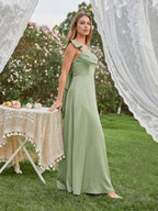 Elegant Dusty Sage Satin Mermaid Square Neck Back Zip Ankle-Length Bridesmaid Dress - Curvevia